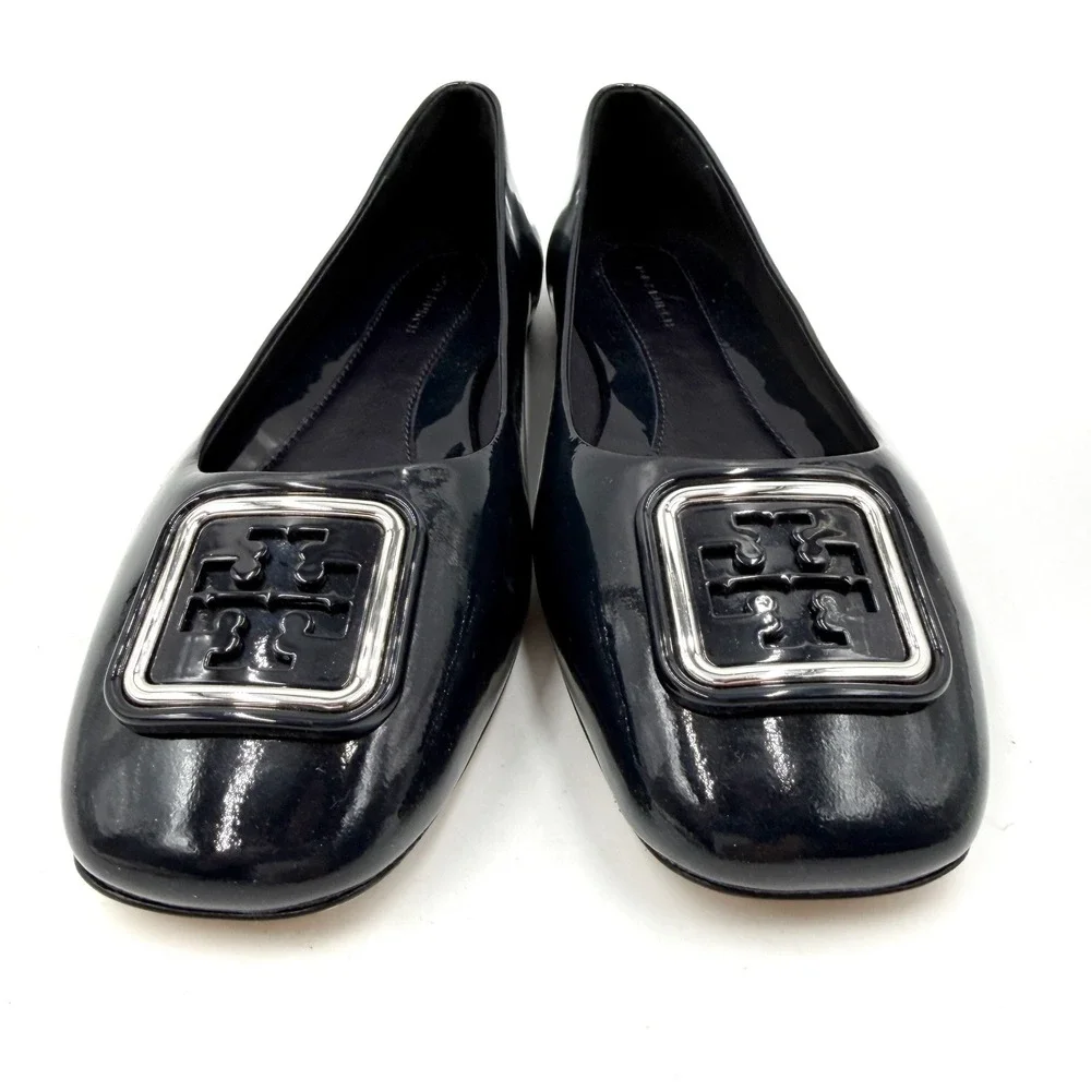 Tory Burch Georgia Ballet Flats Patent Leather Square Toe Logo Black Womens Sz 8